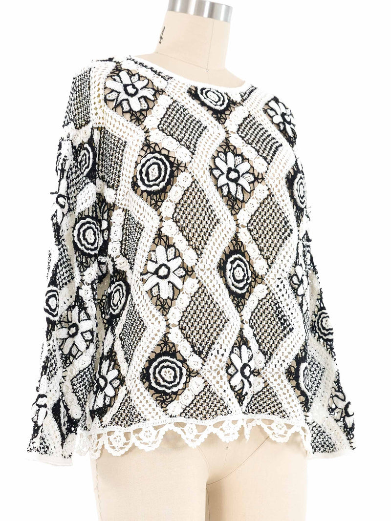 Black and White Floral Crochet Sweater Top arcadeshops.com