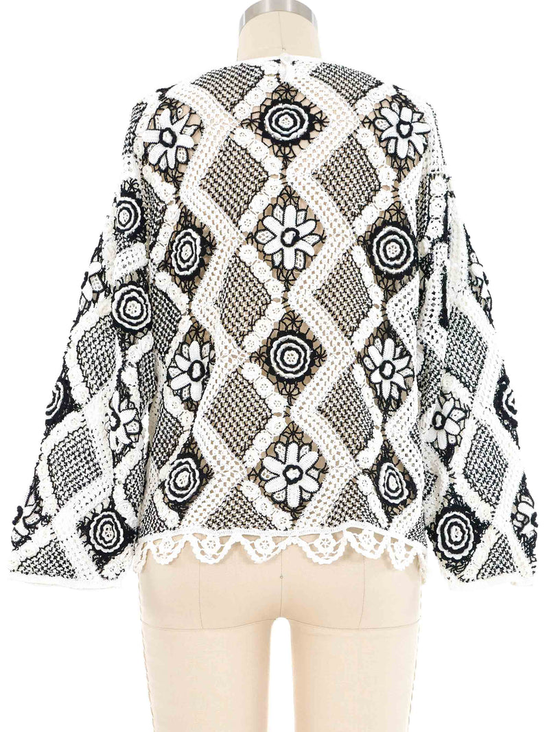 Black and White Floral Crochet Sweater Top arcadeshops.com