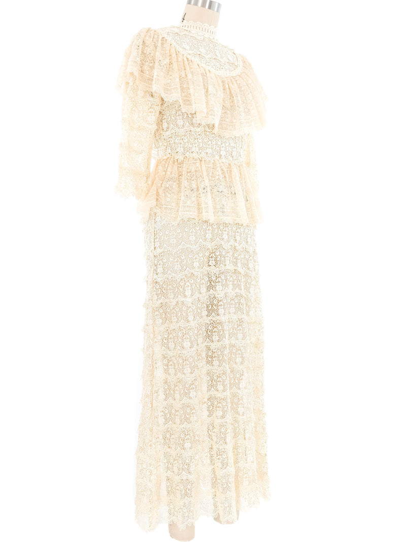 Cream Lace Ruffle Crochet Maxi Dress Dress arcadeshops.com