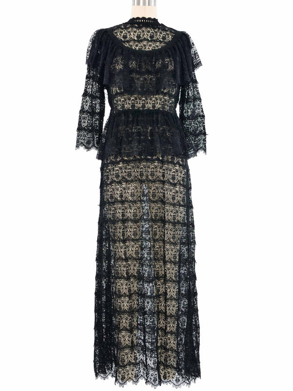 Black Floral Lace Ruffle Crochet Maxi Dress Dress arcadeshops.com