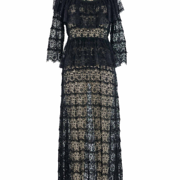 Black Floral Lace Ruffle Crochet Maxi Dress