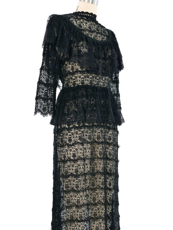 Black Floral Lace Ruffle Crochet Maxi Dress Dress arcadeshops.com