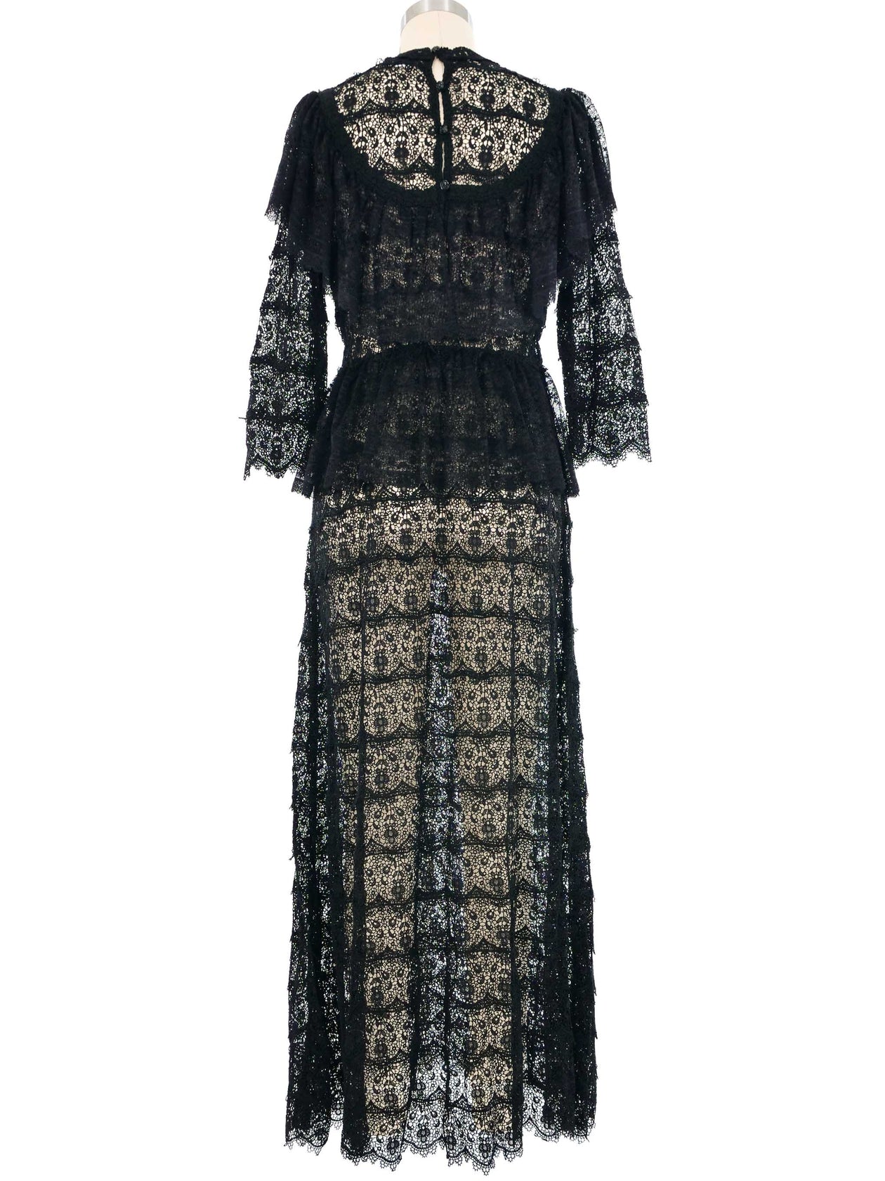Black Floral Lace Ruffle Crochet Maxi Dress