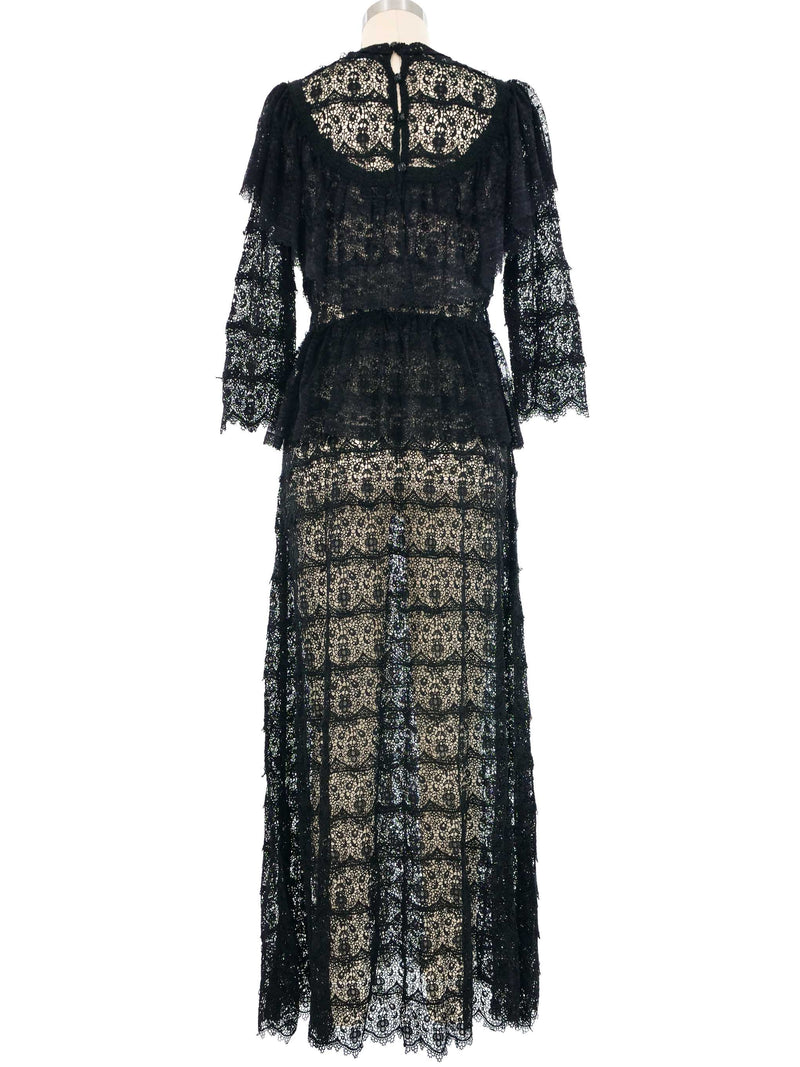 Black Floral Lace Ruffle Crochet Maxi Dress Dress arcadeshops.com