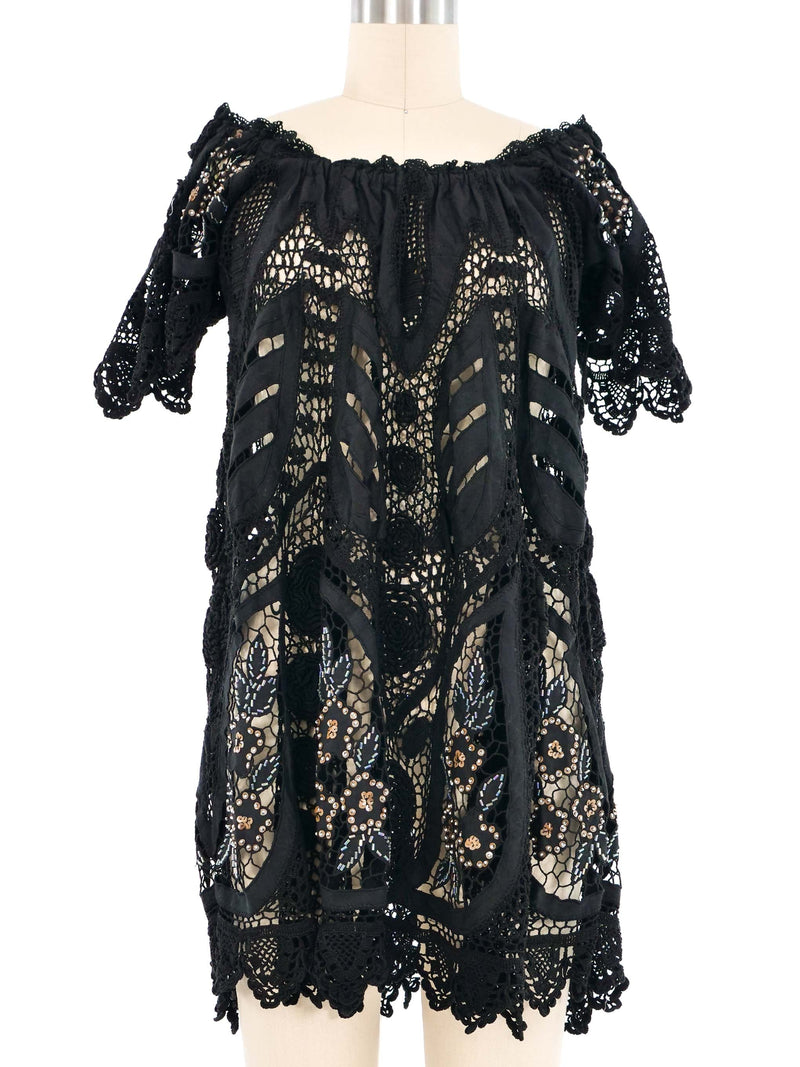 Black Embroidered Cotton Embellished Babydoll Dress Dress arcadeshops.com