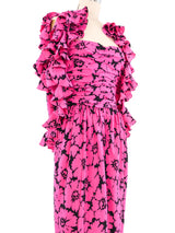 Oscar de la Renta Fuschia Floral Ruffle Gown Dress arcadeshops.com