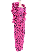 Oscar de la Renta Fuschia Floral Ruffle Gown Dress arcadeshops.com