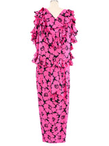 Oscar de la Renta Fuschia Floral Ruffle Gown Dress arcadeshops.com