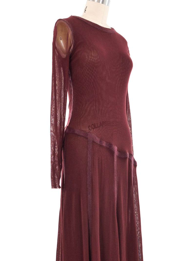 Jean Paul Gaultier Maroon Mesh Long Sleeve Midi Dress Dress arcadeshops.com