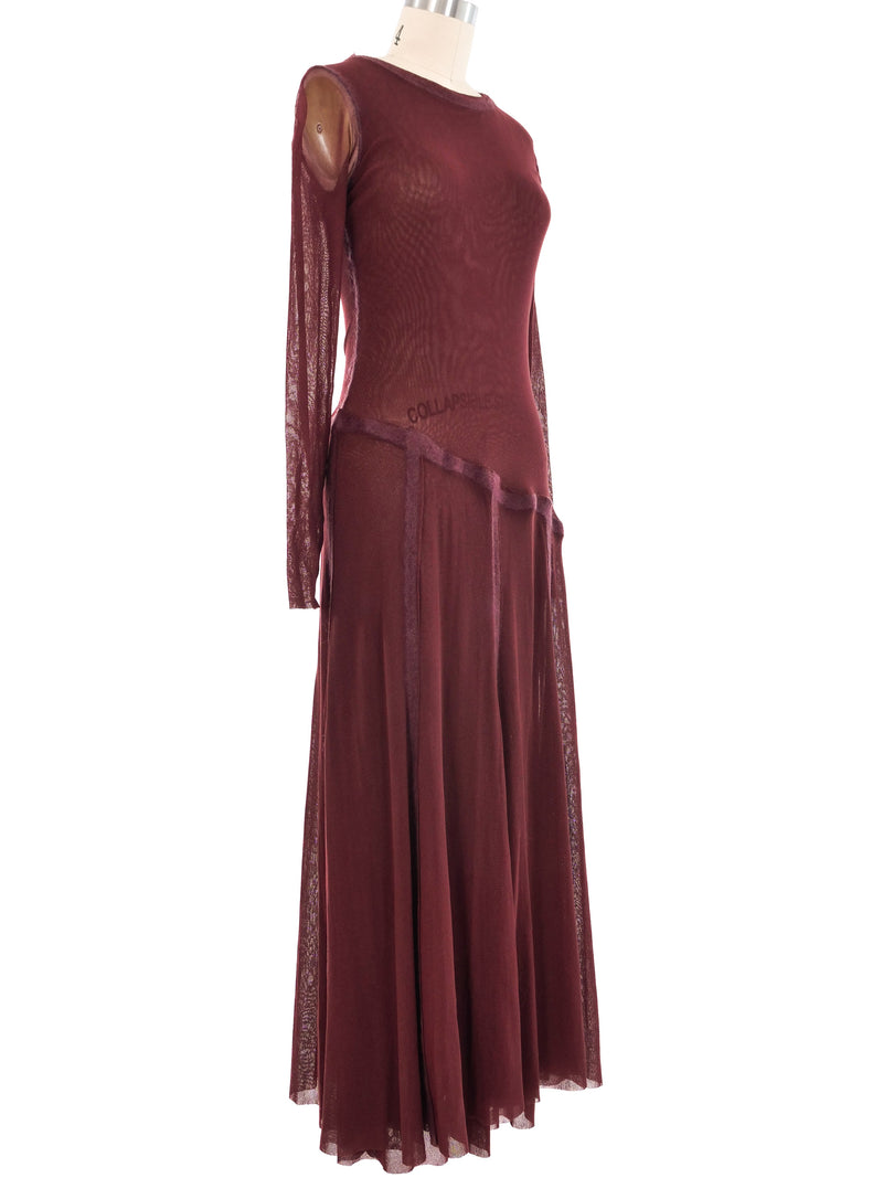 Jean Paul Gaultier Maroon Mesh Long Sleeve Midi Dress Dress arcadeshops.com