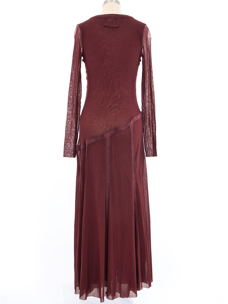 Jean Paul Gaultier Maroon Mesh Long Sleeve Midi Dress Dress arcadeshops.com