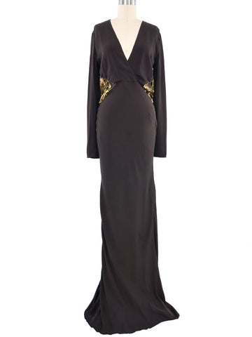 green emerald velvet dress Roberto Cavalli Crystal-Embellished Deep V-Neck Gown Eggplant Jersey S   Celebrity Owned