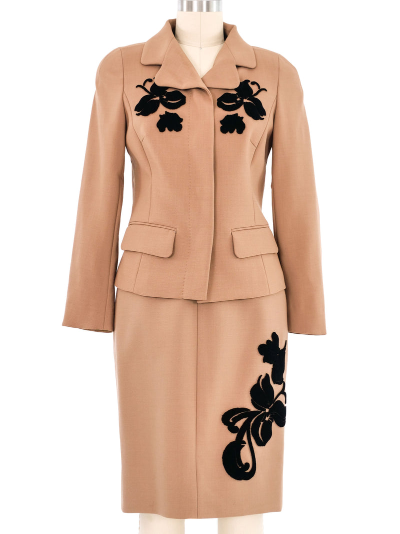 Escada Camel Velvet Applique Skirt Suit Suit arcadeshops.com