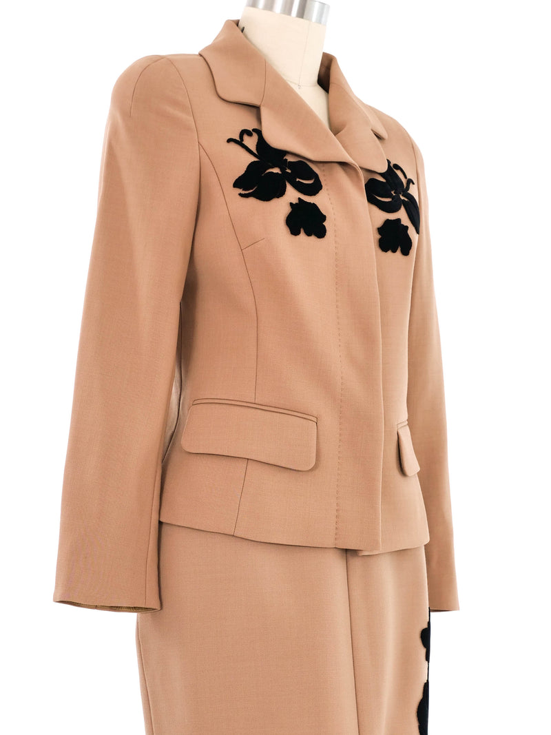 Escada Camel Velvet Applique Skirt Suit Suit arcadeshops.com