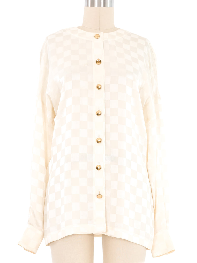 Escada Ivory Checkerboard Silk Blouse Top arcadeshops.com