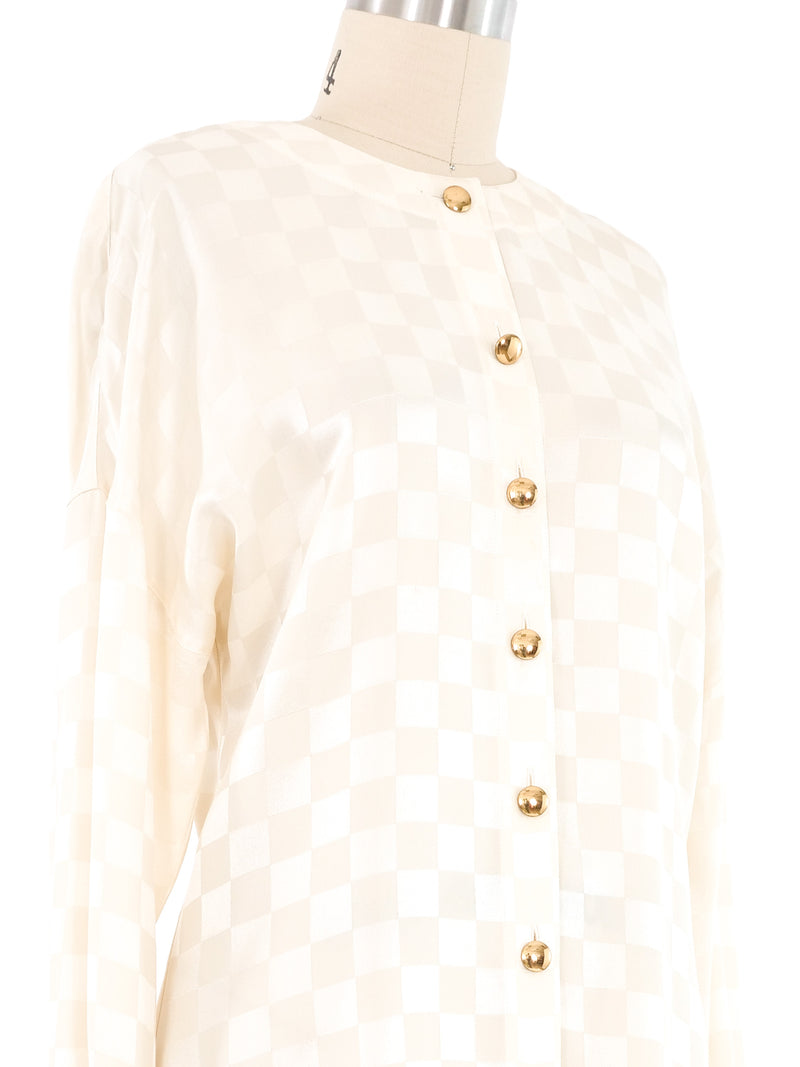 Escada Ivory Checkerboard Silk Blouse Top arcadeshops.com