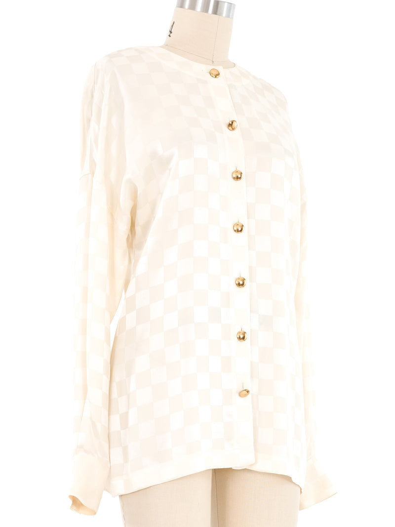 Escada Ivory Checkerboard Silk Blouse Top arcadeshops.com