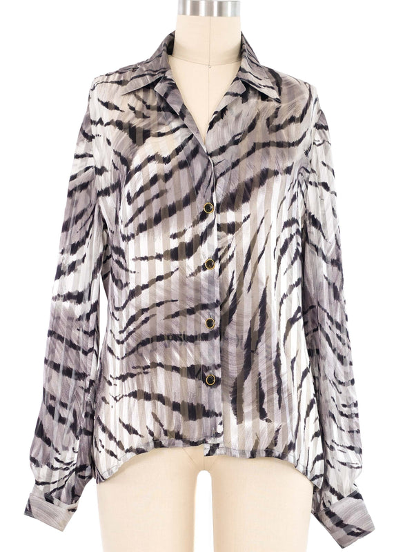 Escada Grey Animal Print Sheer Silk Blouse Top arcadeshops.com