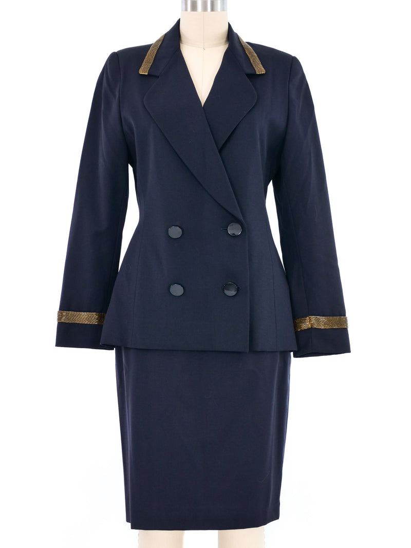 Escada Bead Trimmed Navy Skirt Suit Suit arcadeshops.com