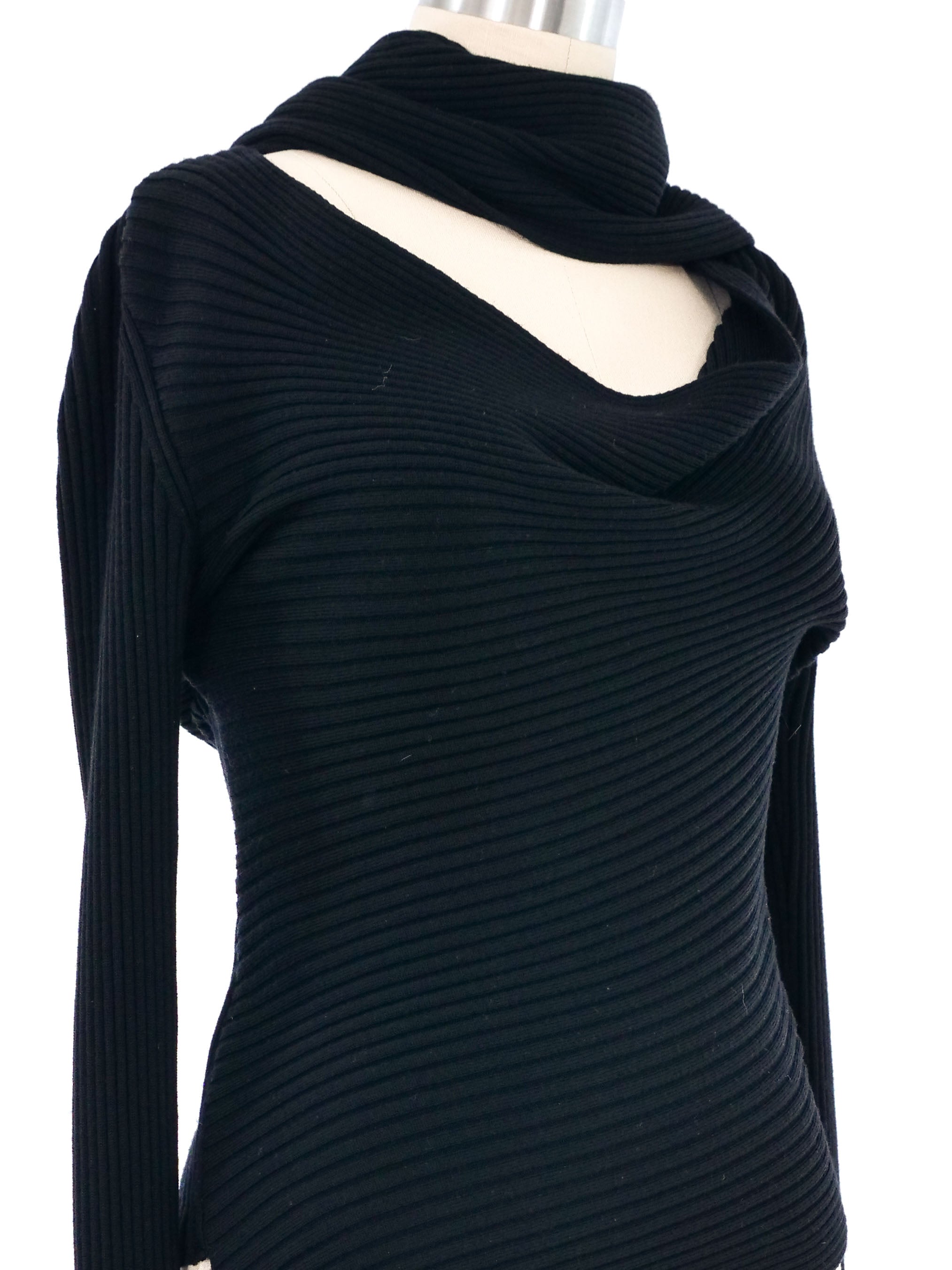 Jean Paul Gaultier Attached Scarf Ribbed Knit Sweater
