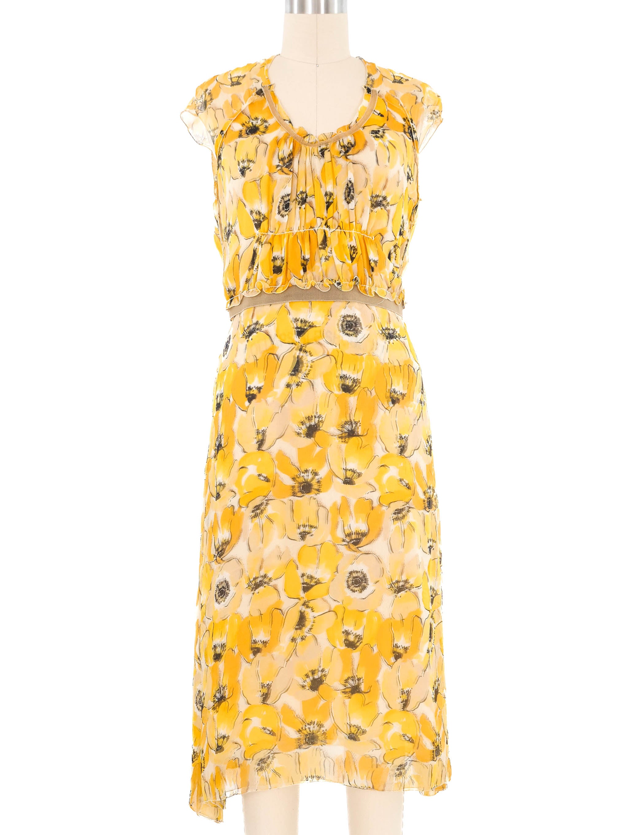 2001 Prada Yellow Chiffon Floral Dress Ensemble