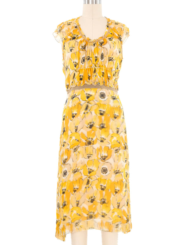 2001 Prada Yellow Chiffon Floral Dress Ensemble Suit arcadeshops.com