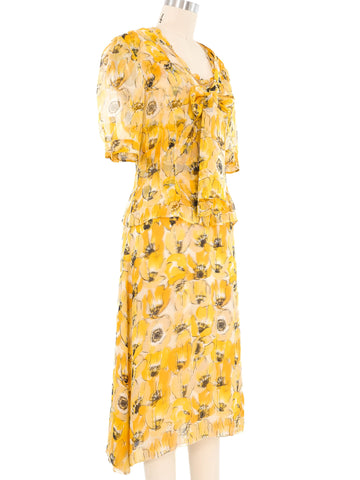 2001 Prada Yellow Chiffon Floral Dress Ensemble