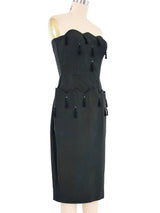 1950s Strapless Black Scalloped Tassel Trim Dress Dress arcadeshops.com