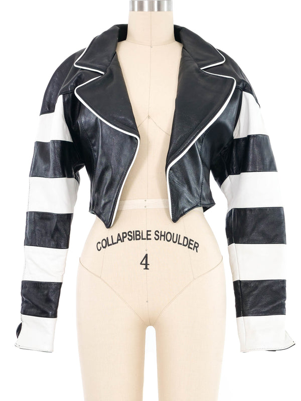 Striped Sleeve Cropped Leather Motorcycle Jacket Jacket arcadeshops.com