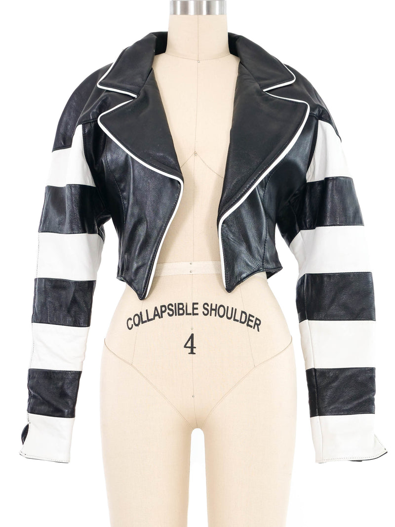 Striped Sleeve Cropped Leather Motorcycle Jacket Jacket arcadeshops.com