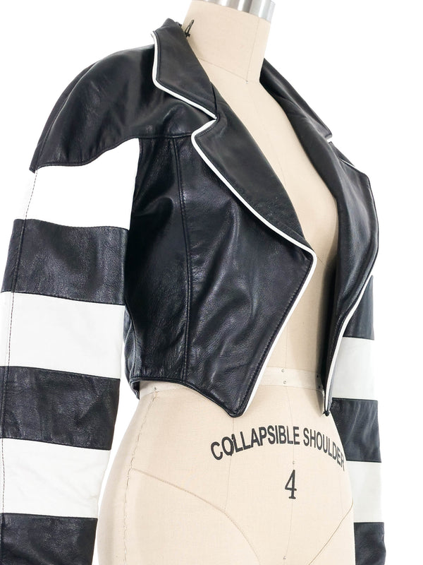Striped Sleeve Cropped Leather Motorcycle Jacket Jacket arcadeshops.com