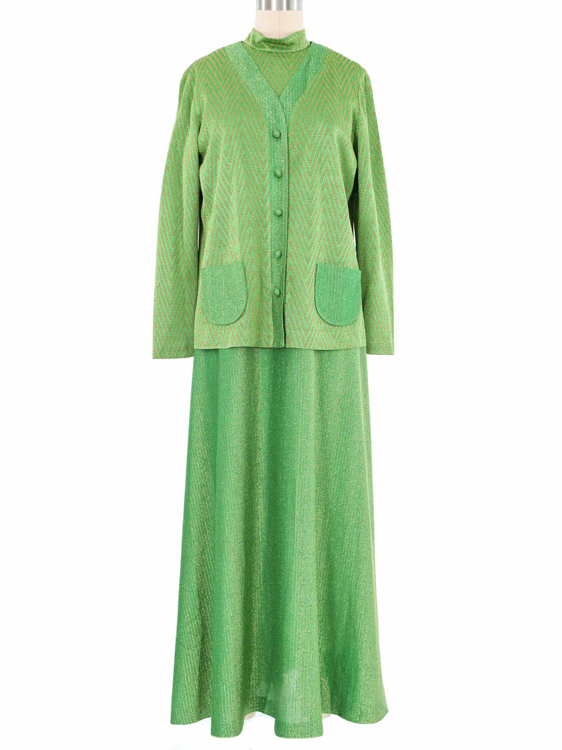 Metallic Kelly Green Maxi Dress Cardigan Ensemble Suit arcadeshops.com