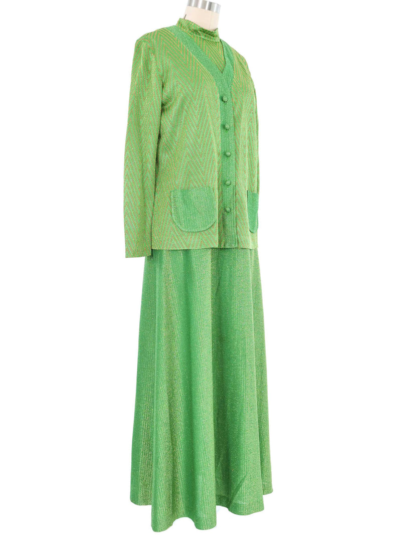 Metallic Kelly Green Maxi Dress Cardigan Ensemble Suit arcadeshops.com