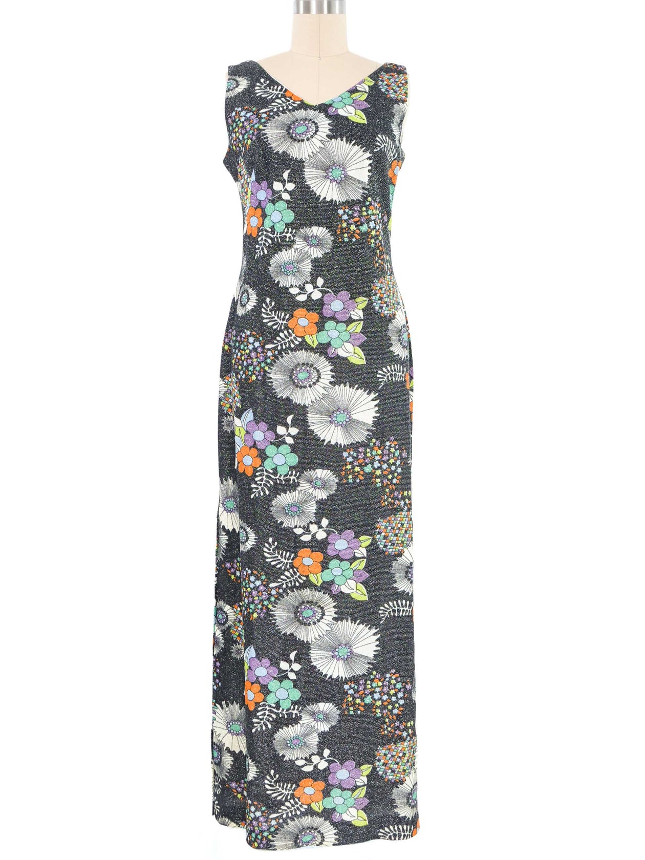 1970s Metallic Floral Dress Ensemble