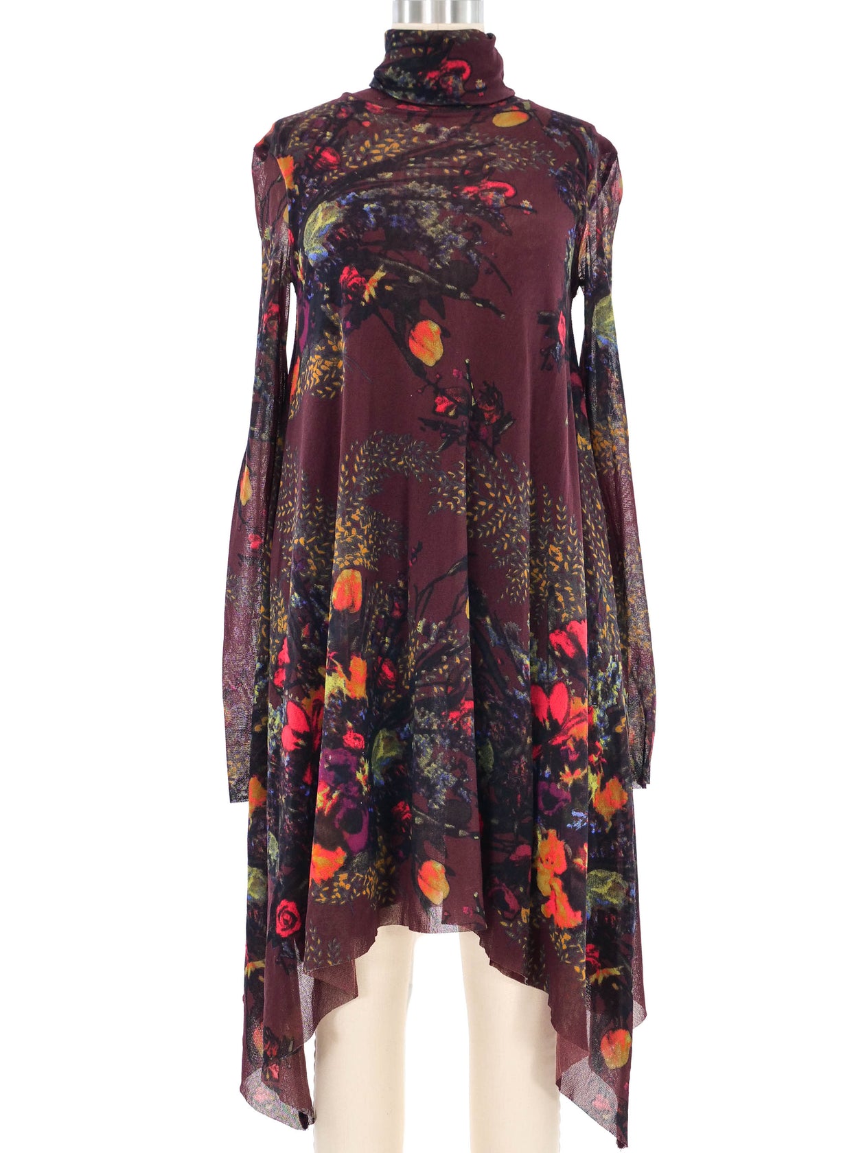 Jean Paul Gaultier Burgundy Floral Printed Mesh Dress