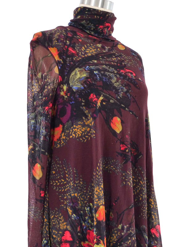 Jean Paul Gaultier Burgundy Floral Printed Mesh Dress Dress arcadeshops.com