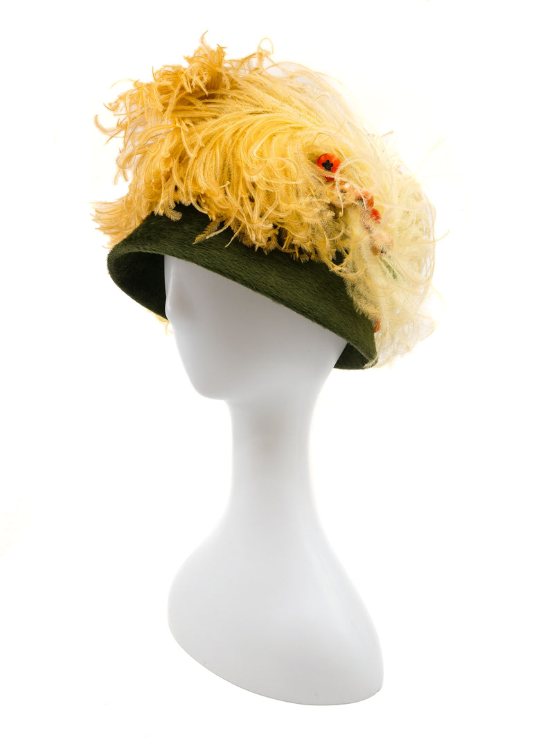 1960s Olive Felt Ostrich Feather and Berry Hat Accessory arcadeshops.com