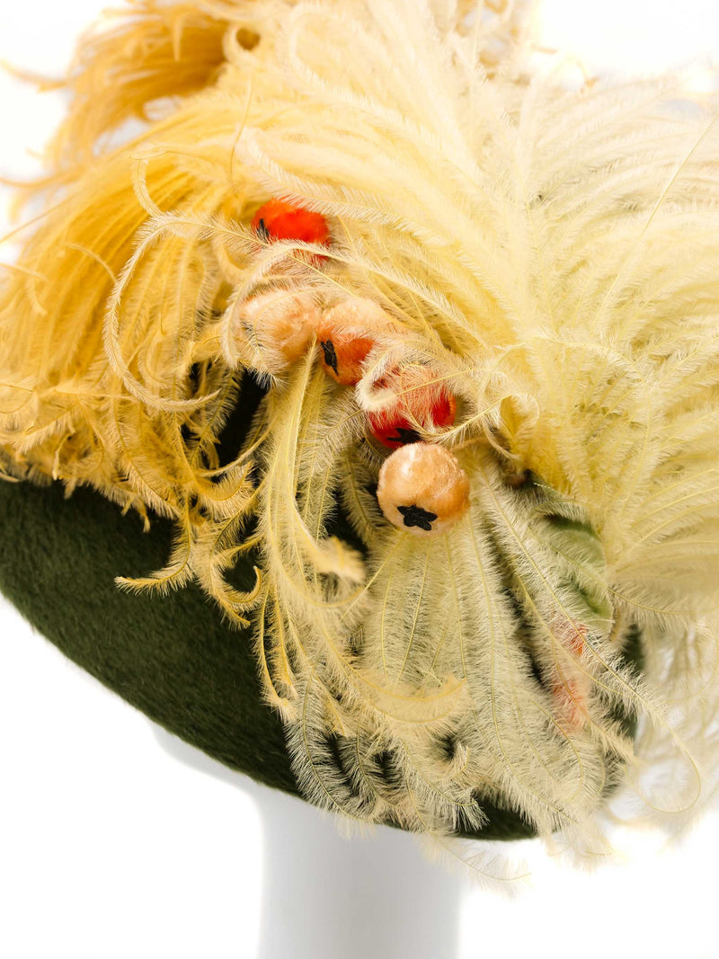 1960s Olive Felt Ostrich Feather and Berry Hat Accessory arcadeshops.com