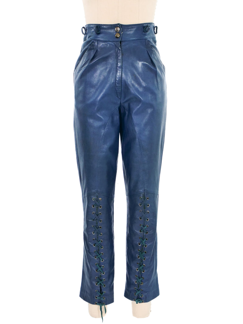Christian Dior Blue Leather Lace Up Trouser Bottom arcadeshops.com