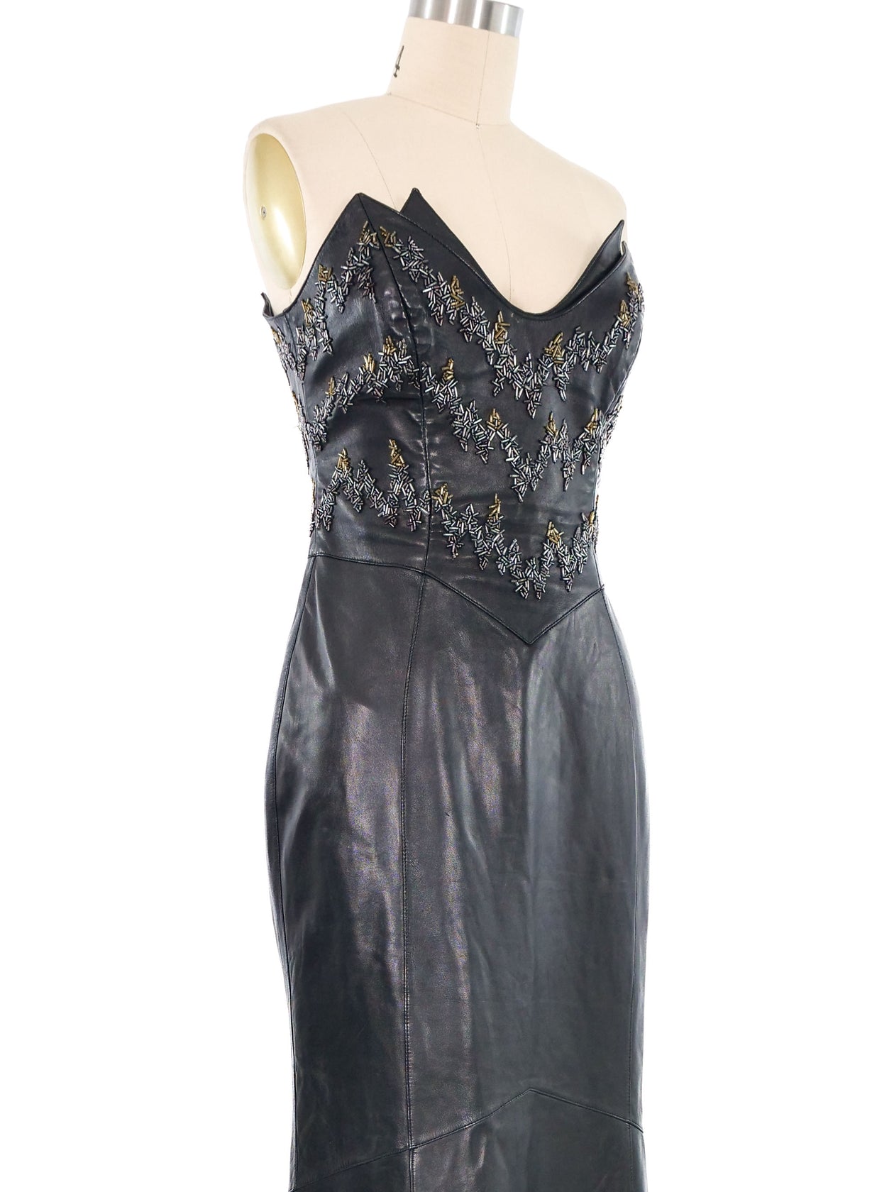 chinese dress ladies 2000 Thierry Mugler Embellished Leather Corset Dress