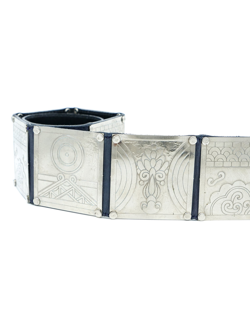 Versus Versace Stamped Metal Suede Navy Belt Accessory arcadeshops.com