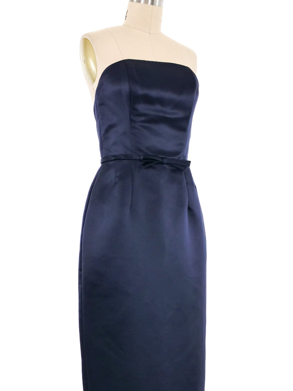 1990s Navy Satin Strapless Cocktail Dress