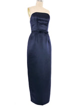 1990s Navy Satin Strapless Cocktail Dress