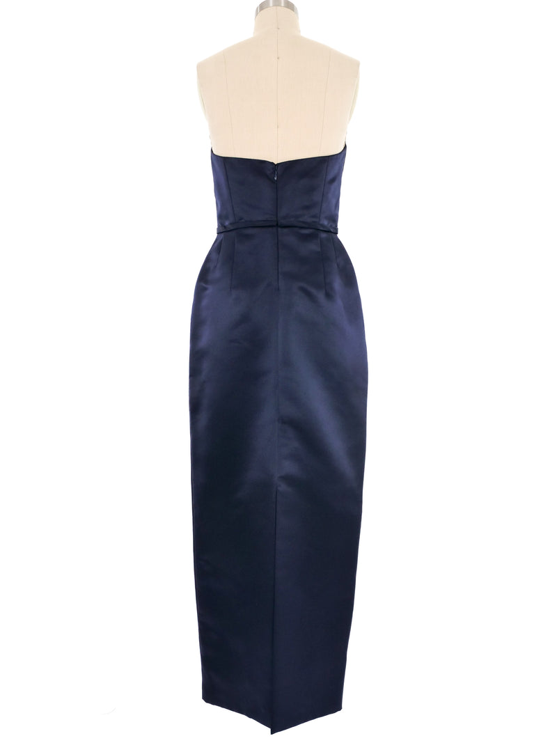 1990s Navy Satin Strapless Cocktail Dress