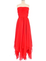 Estevez Red Chiffon Ruched Handkerchief Gown