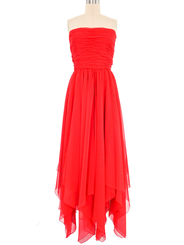 Estevez Red Chiffon Ruched Handkerchief Gown