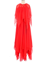 Estevez Red Chiffon Ruched Handkerchief Gown