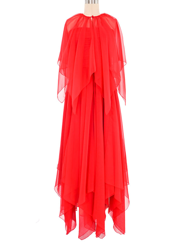 Estevez Red Chiffon Ruched Handkerchief Gown