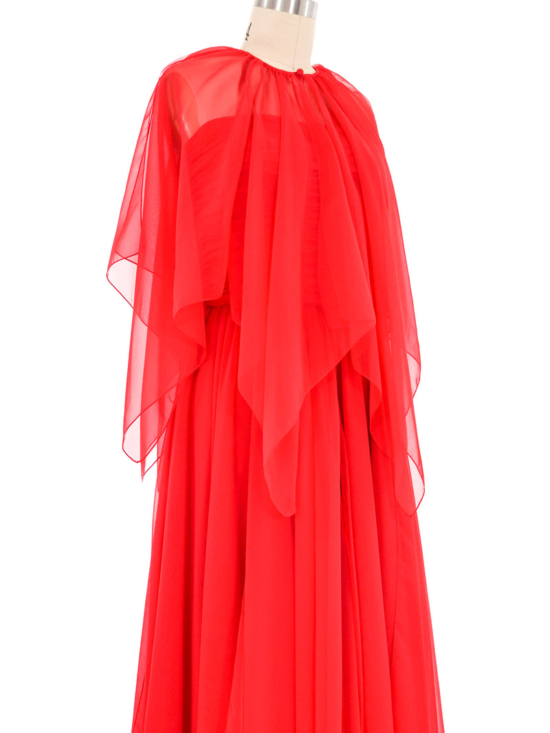 Estevez Red Chiffon Ruched Handkerchief Gown