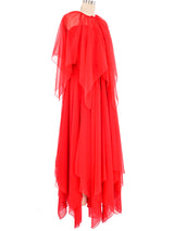 Estevez Red Chiffon Ruched Handkerchief Gown